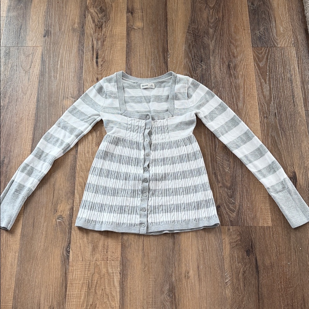 HOLLISTER Y2K Striped Babydoll Sweater Long Sleeve Square Neck Womens XS Grey